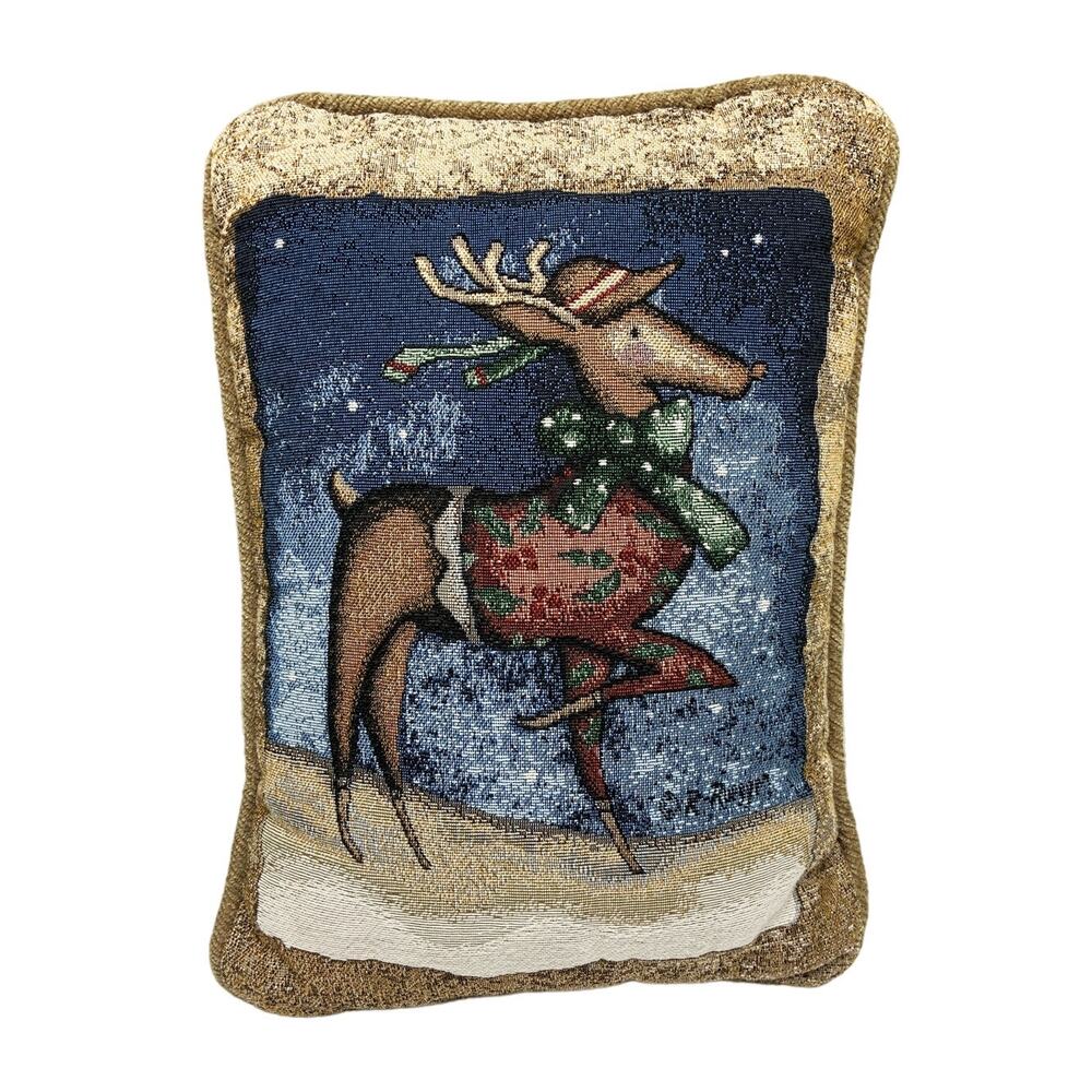 Reindeer Wearing Hat and Sweater Tapestry Chenille  Cottage Cabin